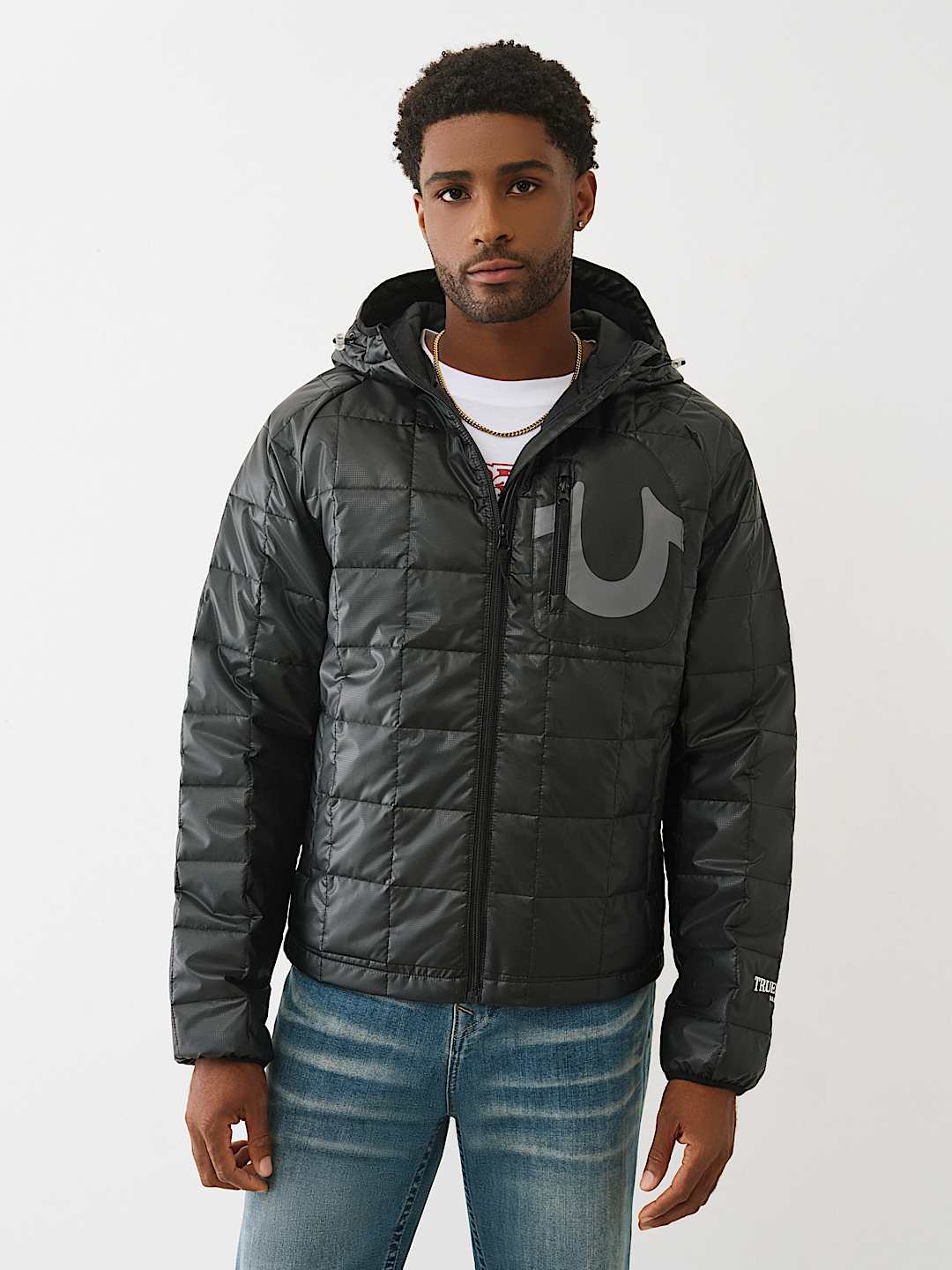 GEO QUILTED HOODED PUFFER JACKET, image 1