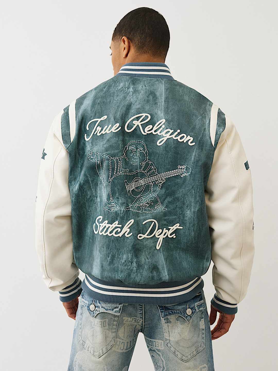 DENIM PRINT RETRO VARSITY JACKET, image 2