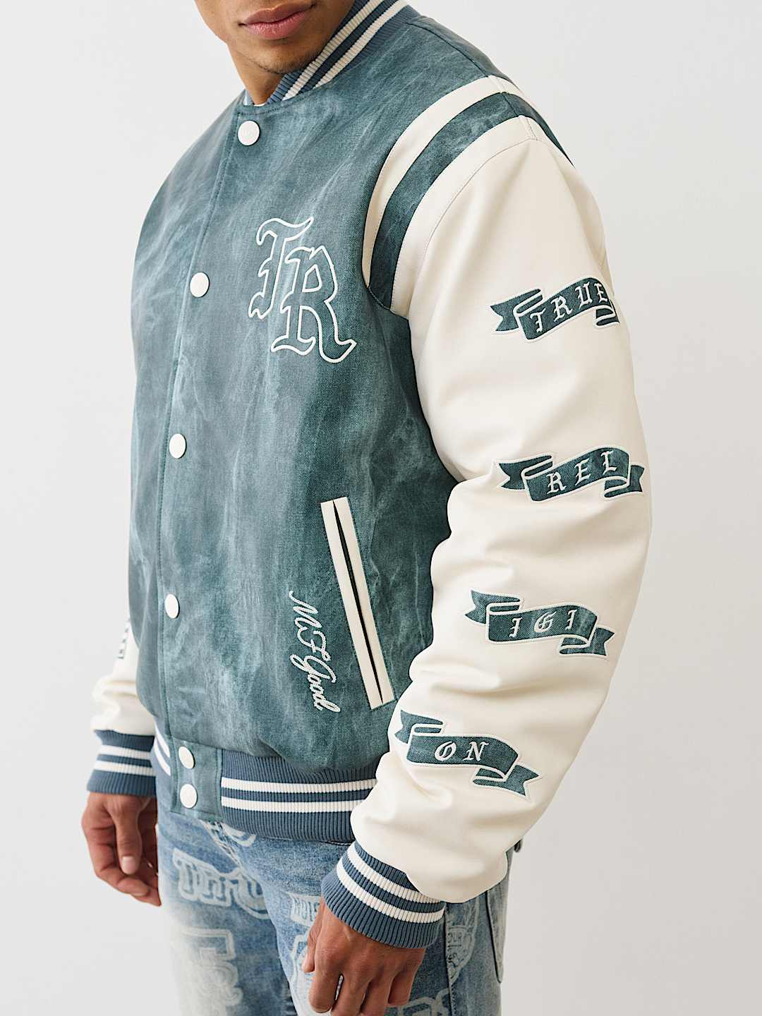 DENIM PRINT RETRO VARSITY JACKET, image 3
