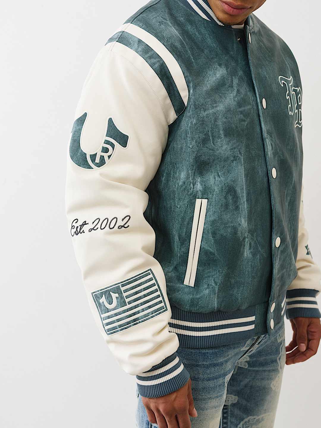 DENIM PRINT RETRO VARSITY JACKET, image 4
