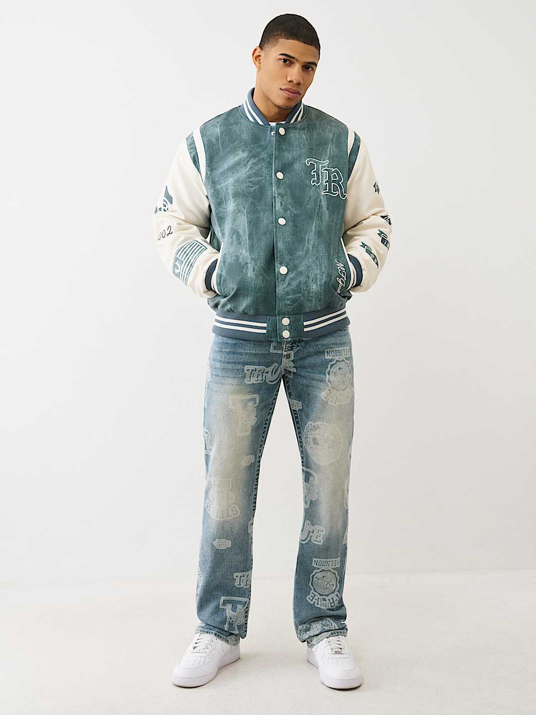 DENIM PRINT RETRO VARSITY JACKET, image 8