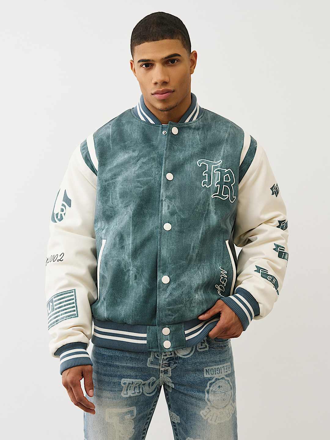 DENIM PRINT RETRO VARSITY JACKET, image 1