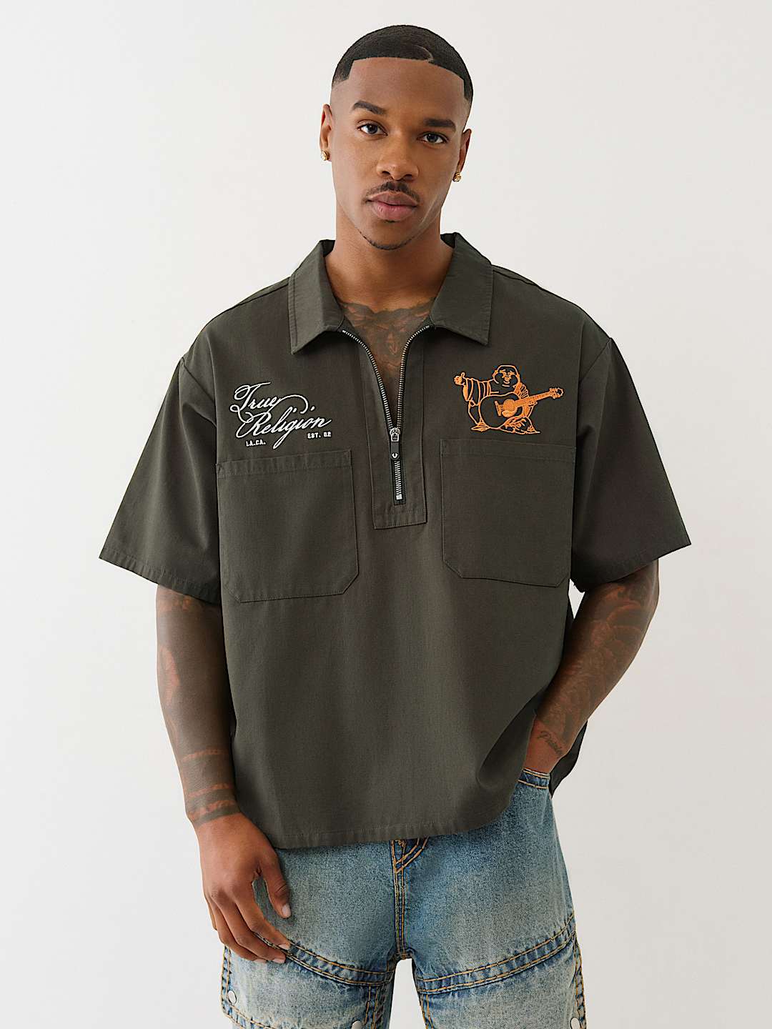 DOUBLE POCKET ZIP UP CAMP SHIRT
