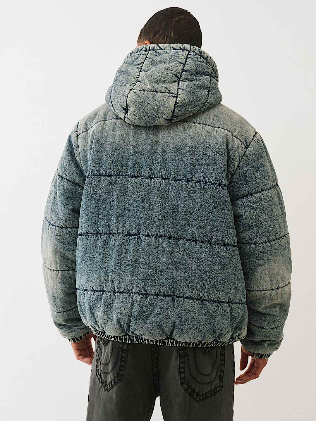 WASHED DENIM HOODED PUFFER JACKET, image 2