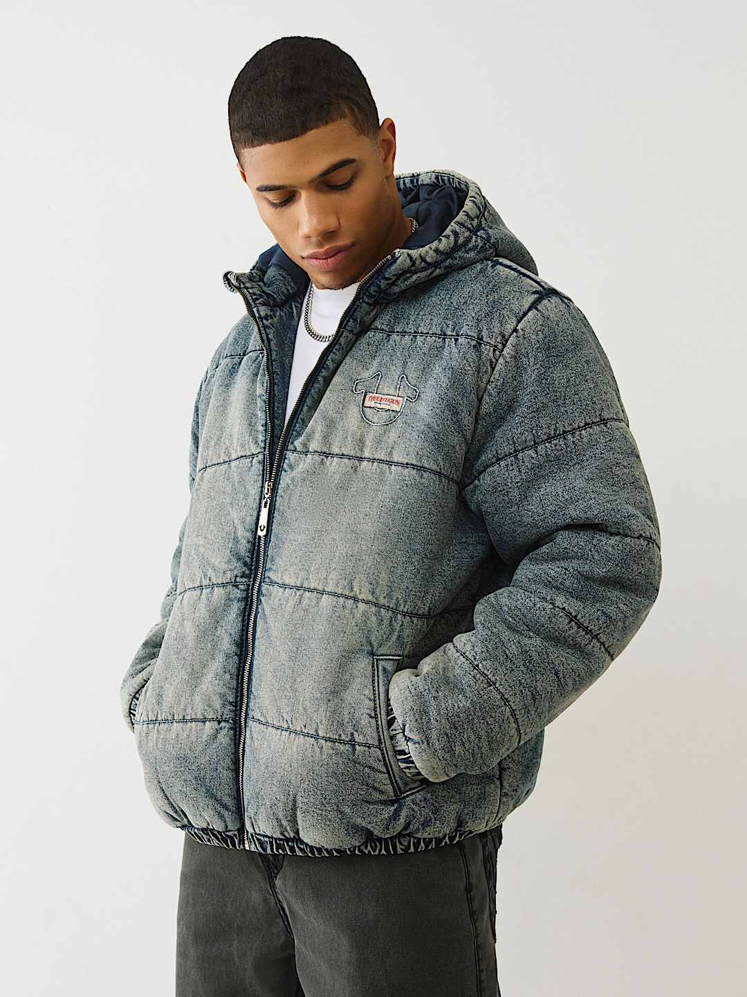 WASHED DENIM HOODED PUFFER JACKET, image 3
