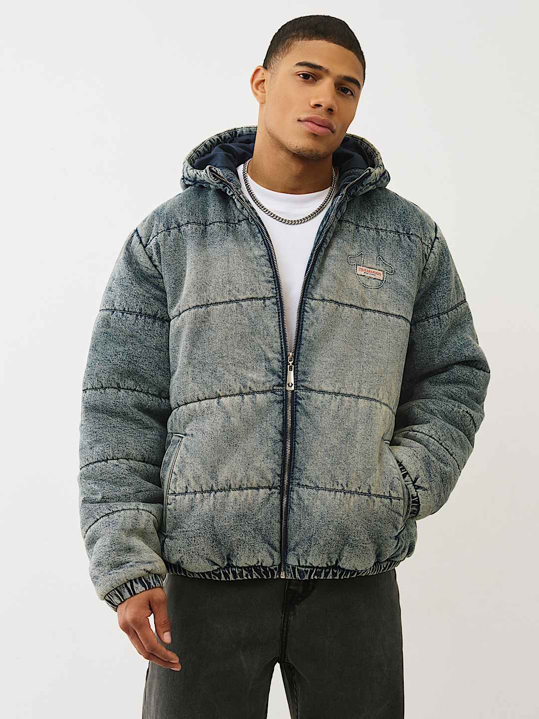 WASHED DENIM HOODED PUFFER JACKET, image 6