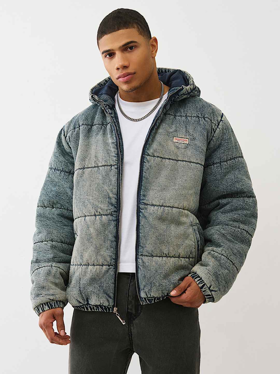 WASHED DENIM HOODED PUFFER JACKET, image 1