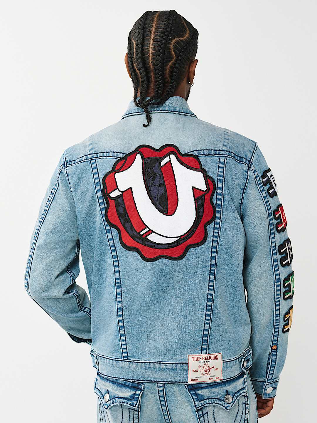 JIMMY VARSITY PATCH BIG T DENIM JACKET - SHATTERED MEDIUM INDIGO