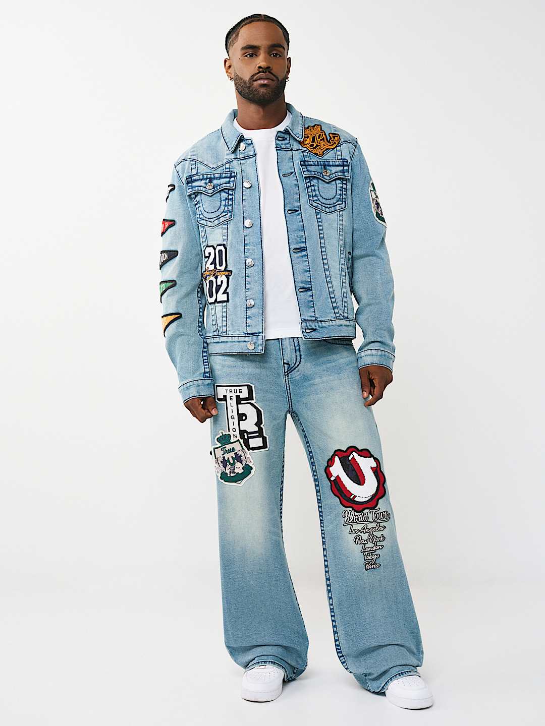 JIMMY VARSITY PATCH BIG T DENIM JACKET - SHATTERED MEDIUM INDIGO