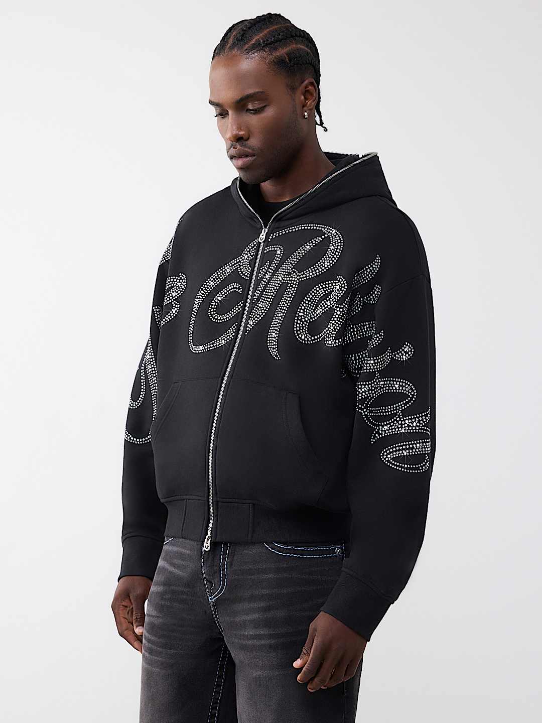 SUDADERA CON CAPUCHA Y CIERRE RELAJADA CON TEXTO Y DIAMANTES DE IMITACI&Oacute;N, image 3