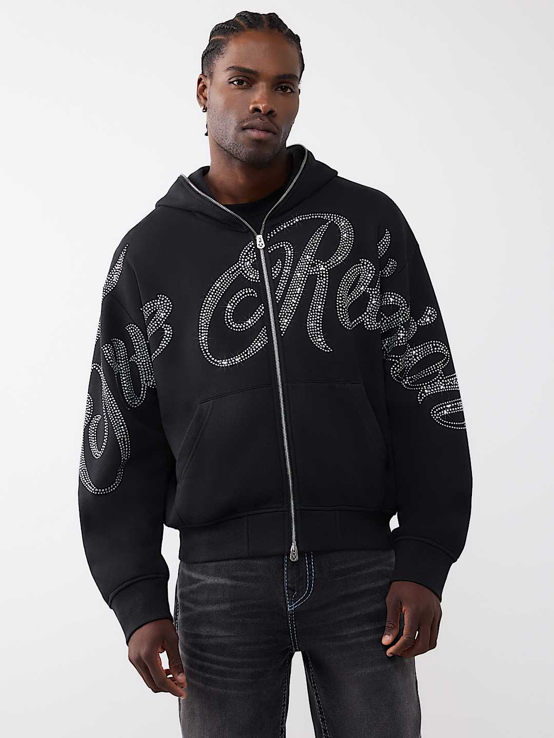 SUDADERA CON CAPUCHA Y CIERRE RELAJADA CON TEXTO Y DIAMANTES DE IMITACI&Oacute;N, image 1