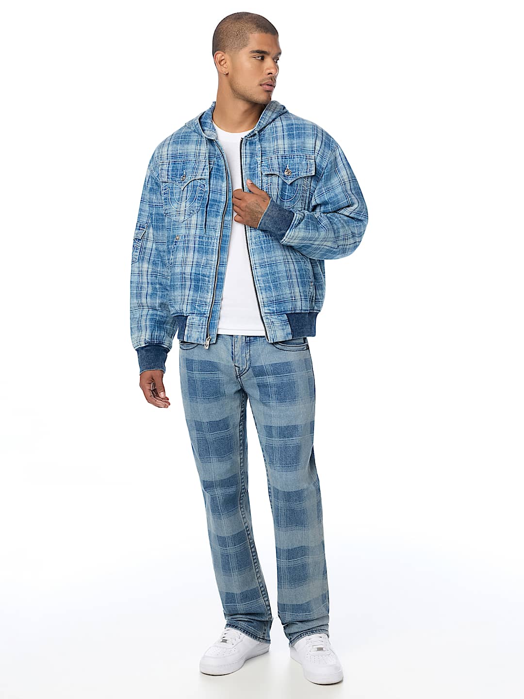 HOODED INDIGO PLAID JACKET