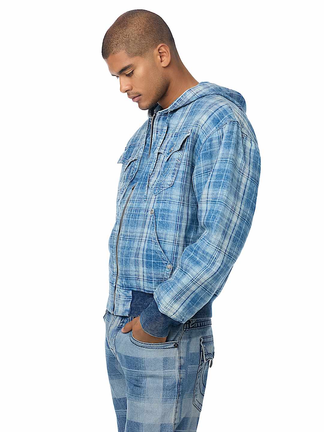 HOODED INDIGO PLAID JACKET
