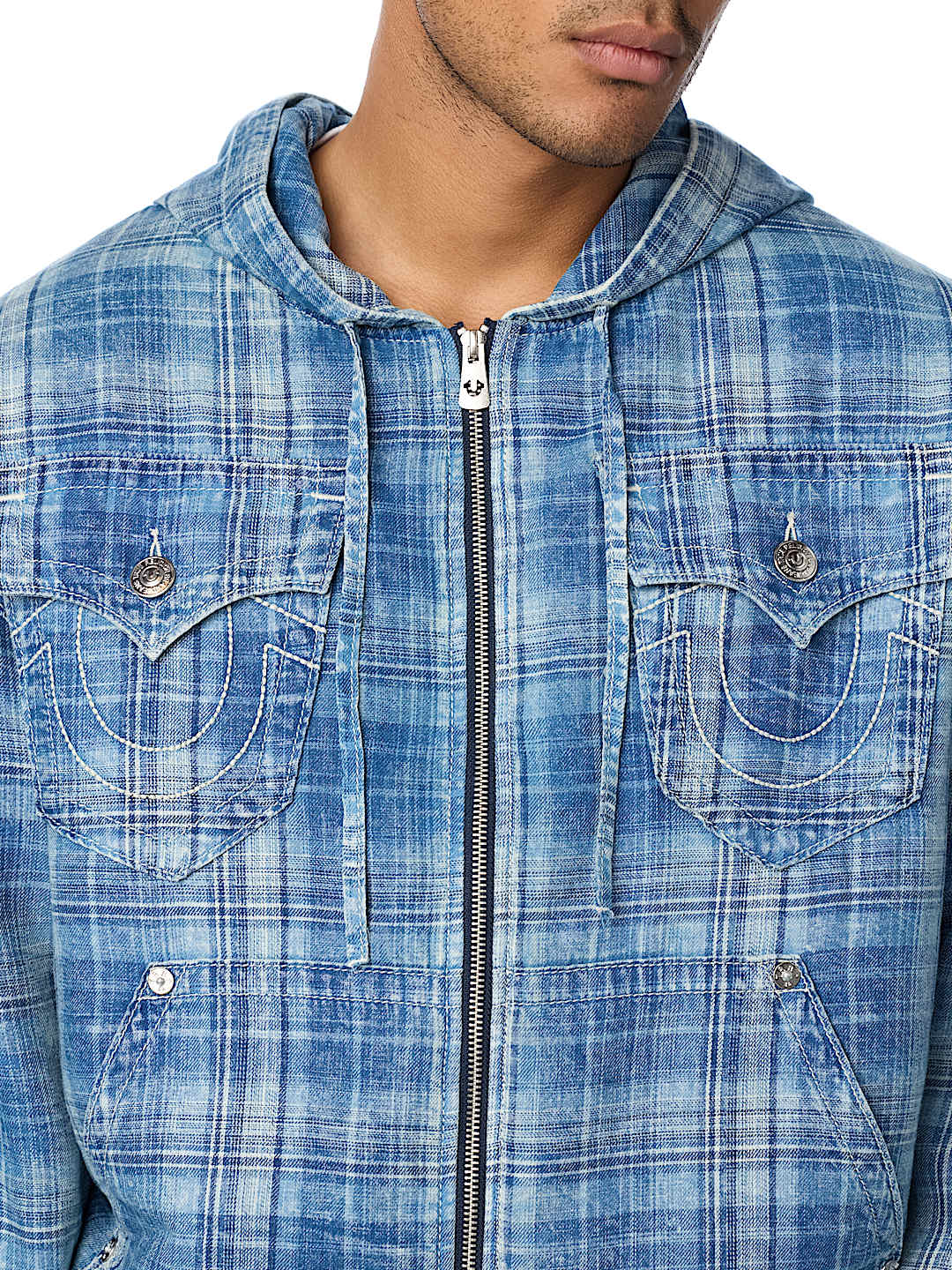 HOODED INDIGO PLAID JACKET