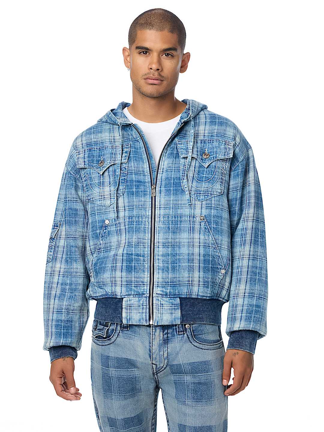 HOODED INDIGO PLAID JACKET