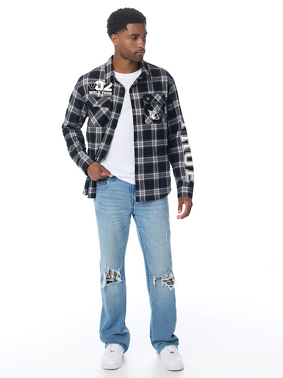 BILLY PLAID BACKING FLAP BOOTCUT JEAN 34"