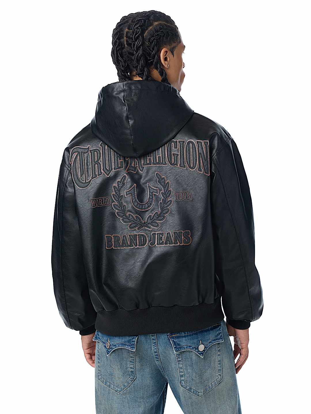 FAUX LEATHER HOODED BOMBER JACKET