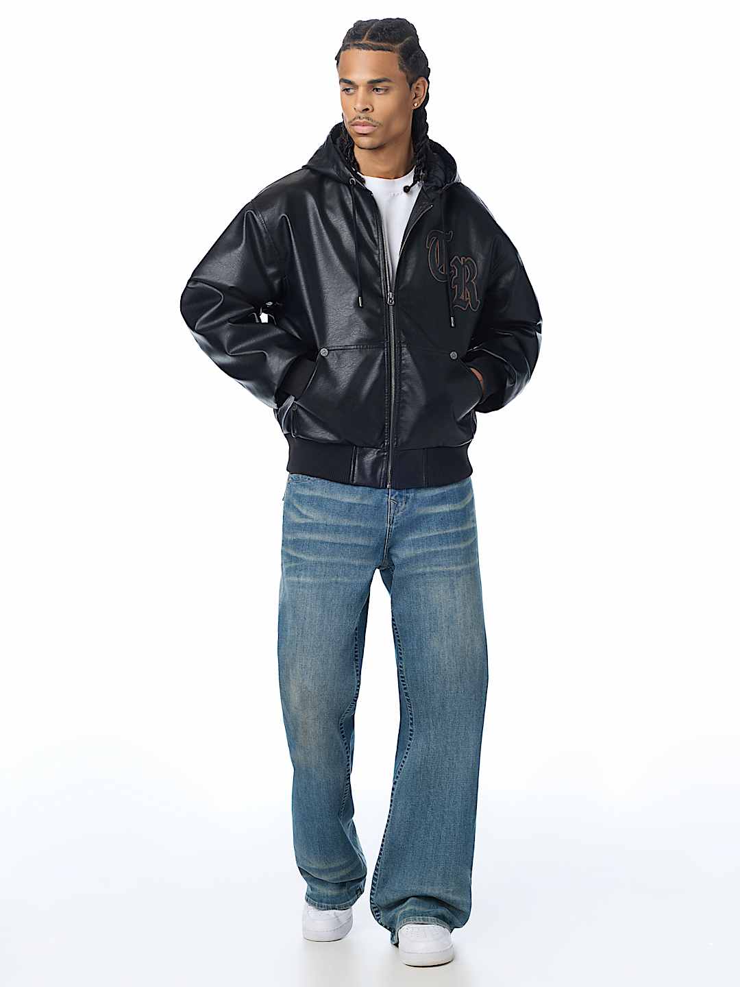 FAUX LEATHER HOODED BOMBER JACKET