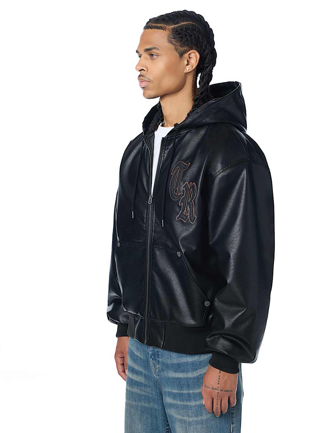FAUX LEATHER HOODED BOMBER JACKET
