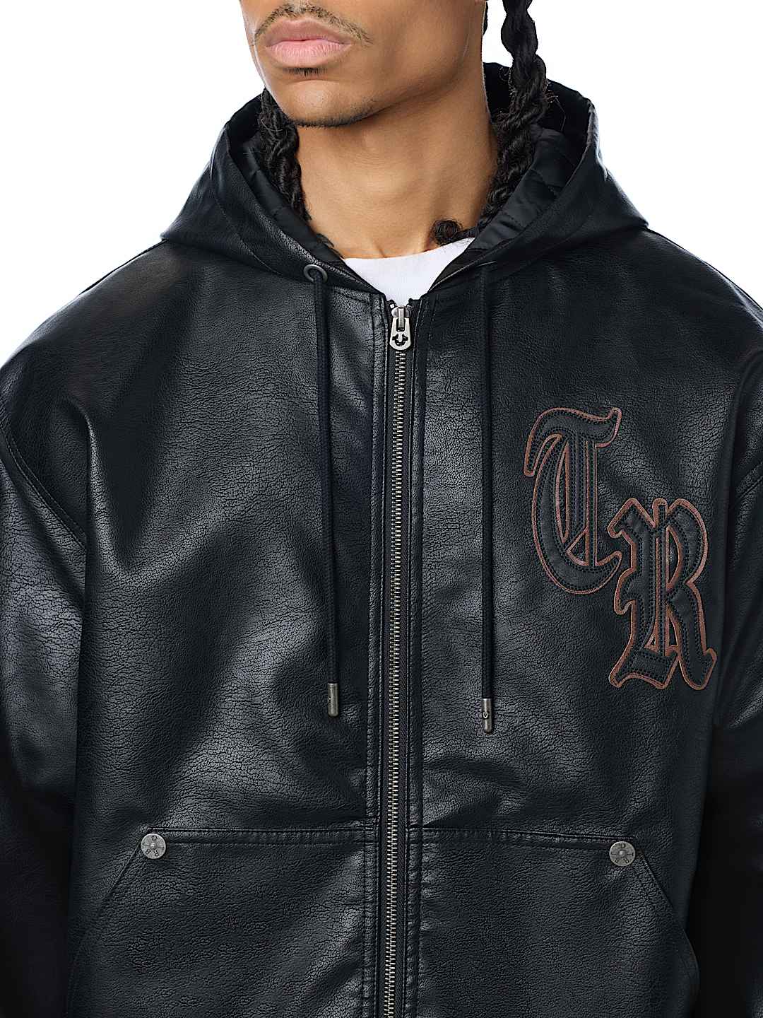 FAUX LEATHER HOODED BOMBER JACKET
