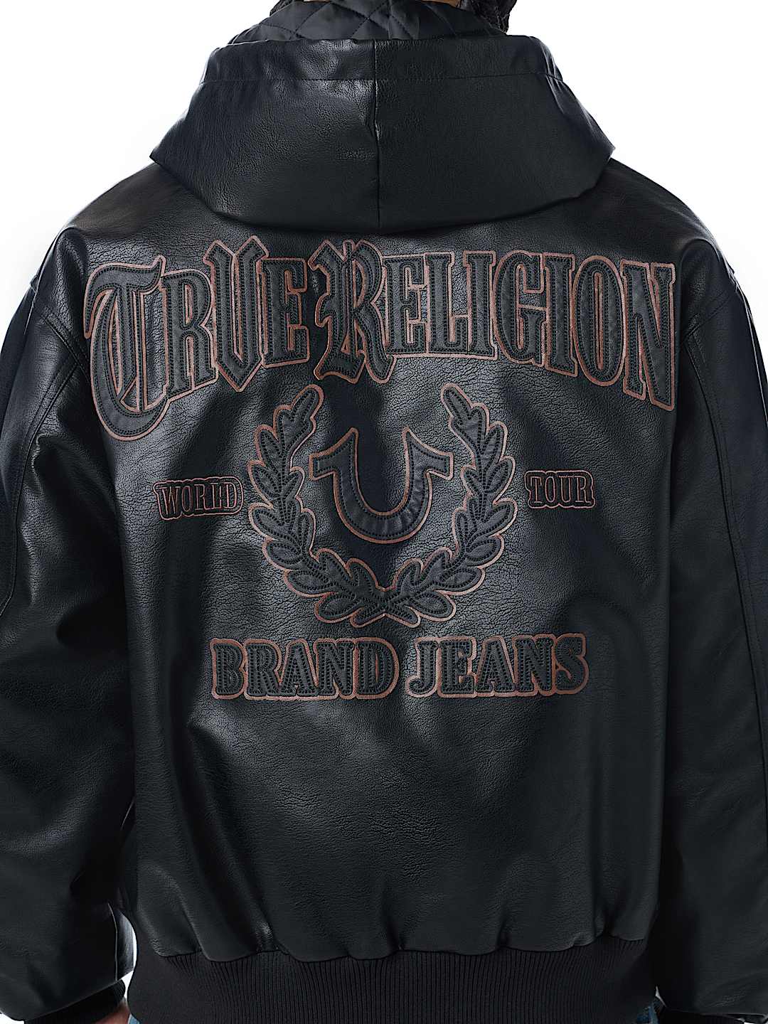FAUX LEATHER HOODED BOMBER JACKET
