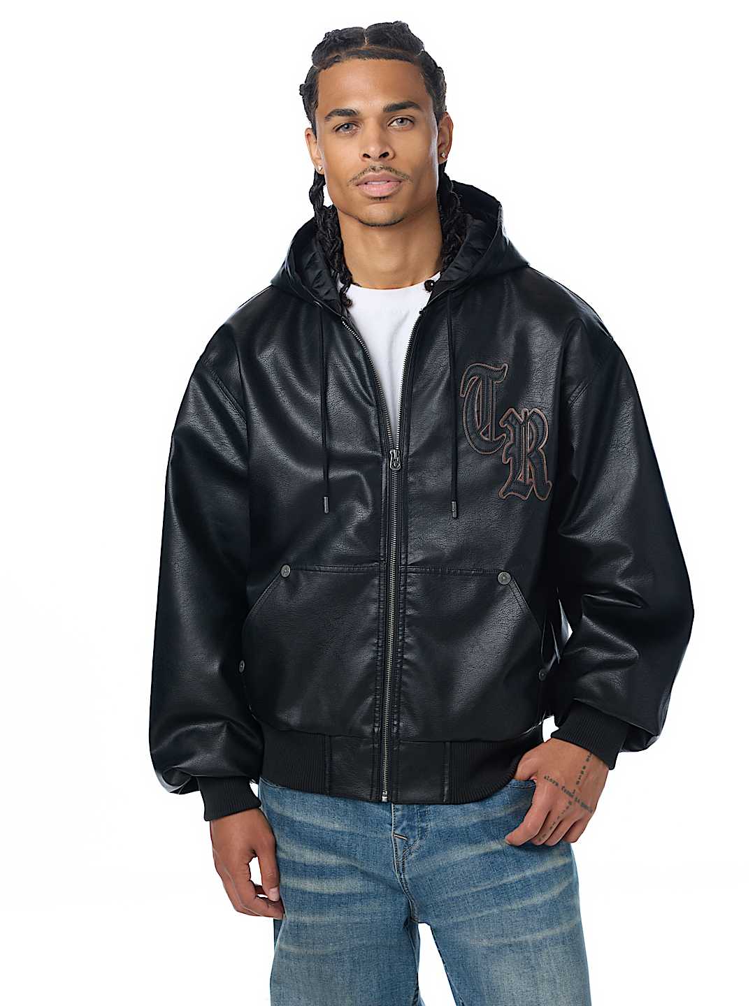 FAUX LEATHER HOODED BOMBER JACKET