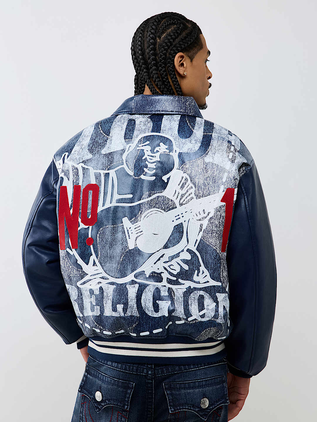 NO. 1 LOGO DENIM PRINT BOMBER JACKET