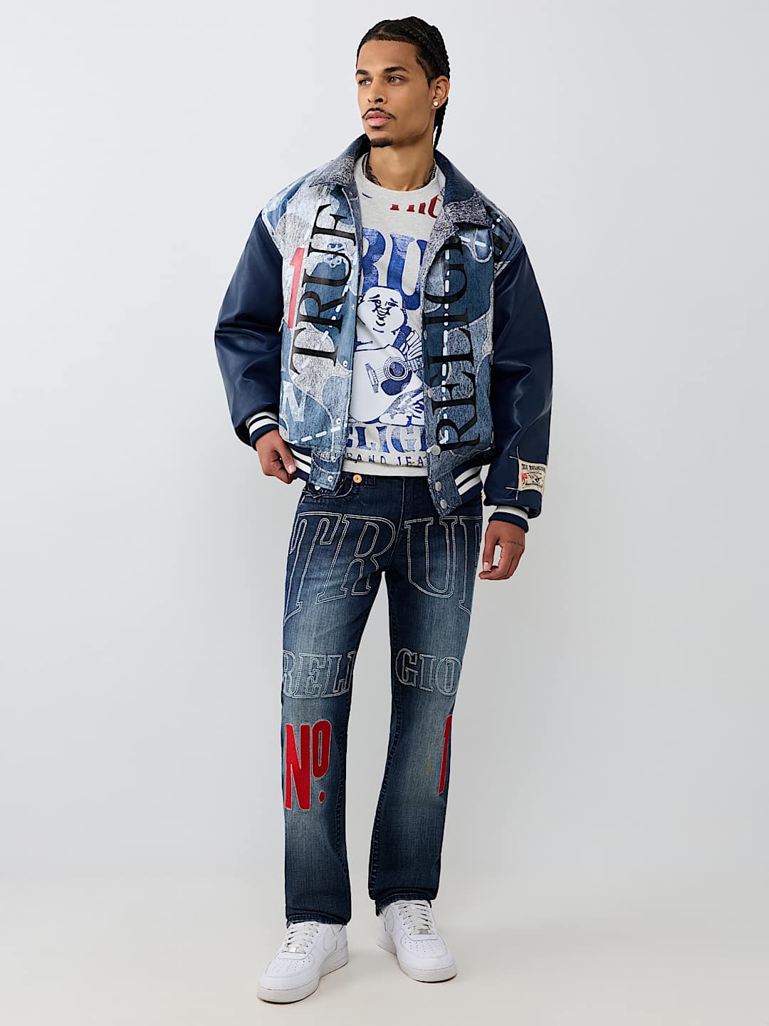 NO. 1 LOGO DENIM PRINT BOMBER JACKET