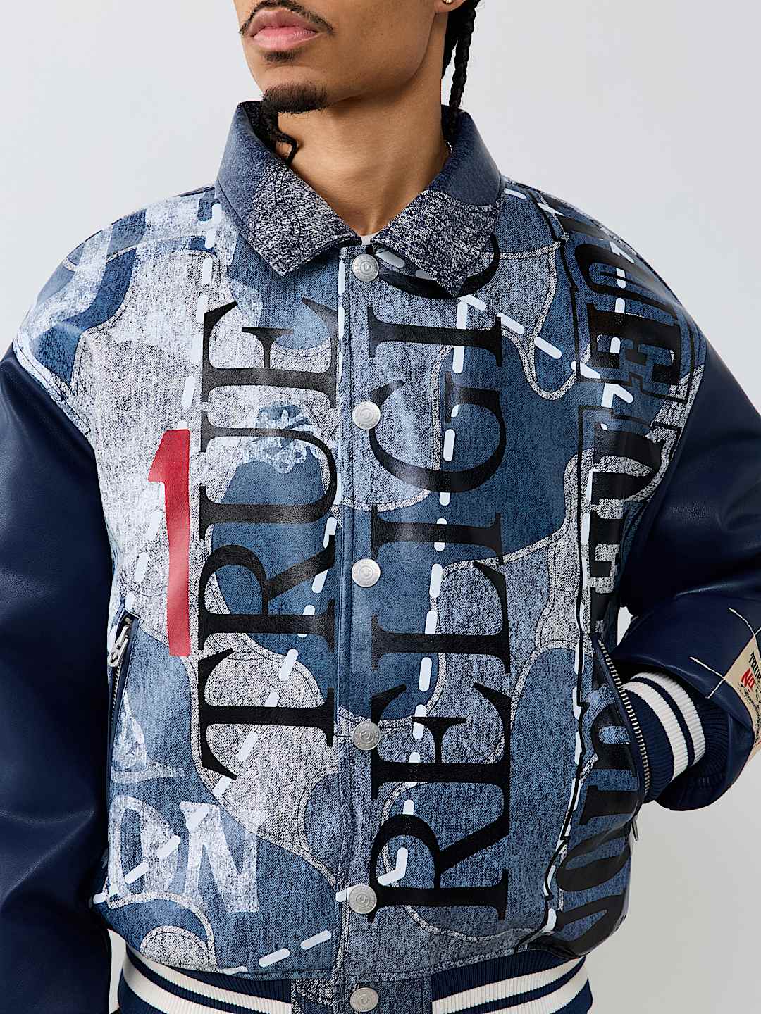 NO. 1 LOGO DENIM PRINT BOMBER JACKET