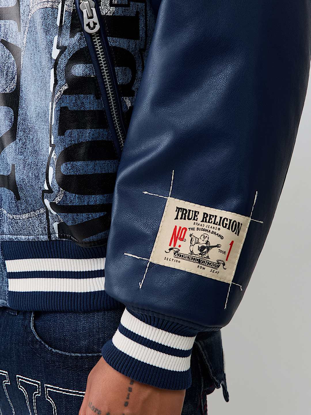 NO. 1 LOGO DENIM PRINT BOMBER JACKET