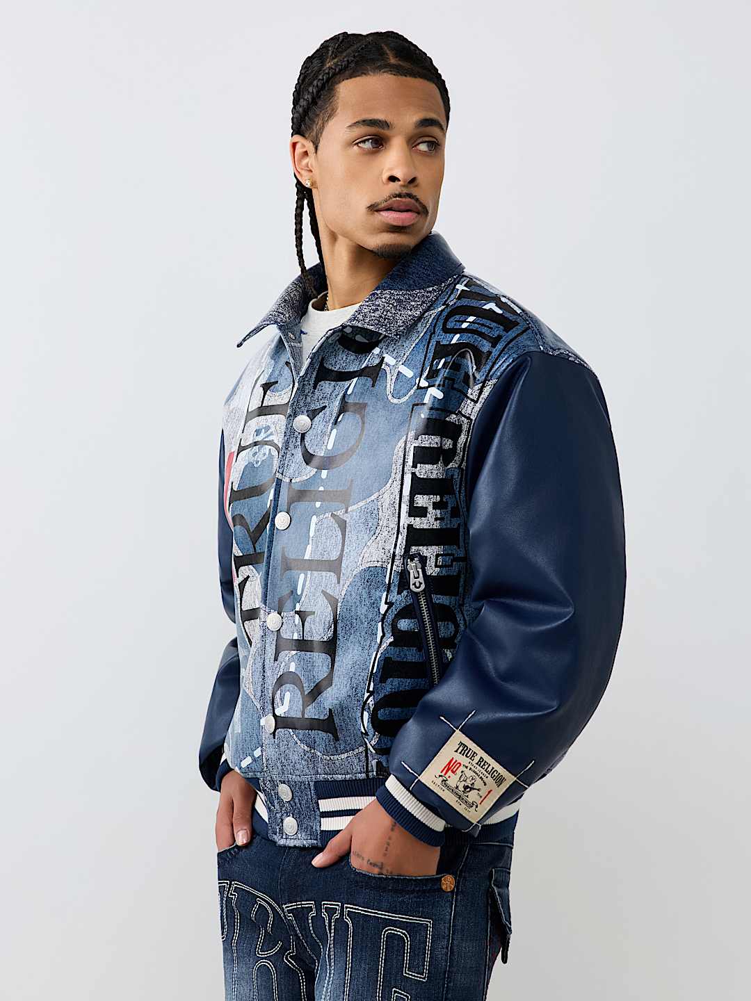 NO. 1 LOGO DENIM PRINT BOMBER JACKET