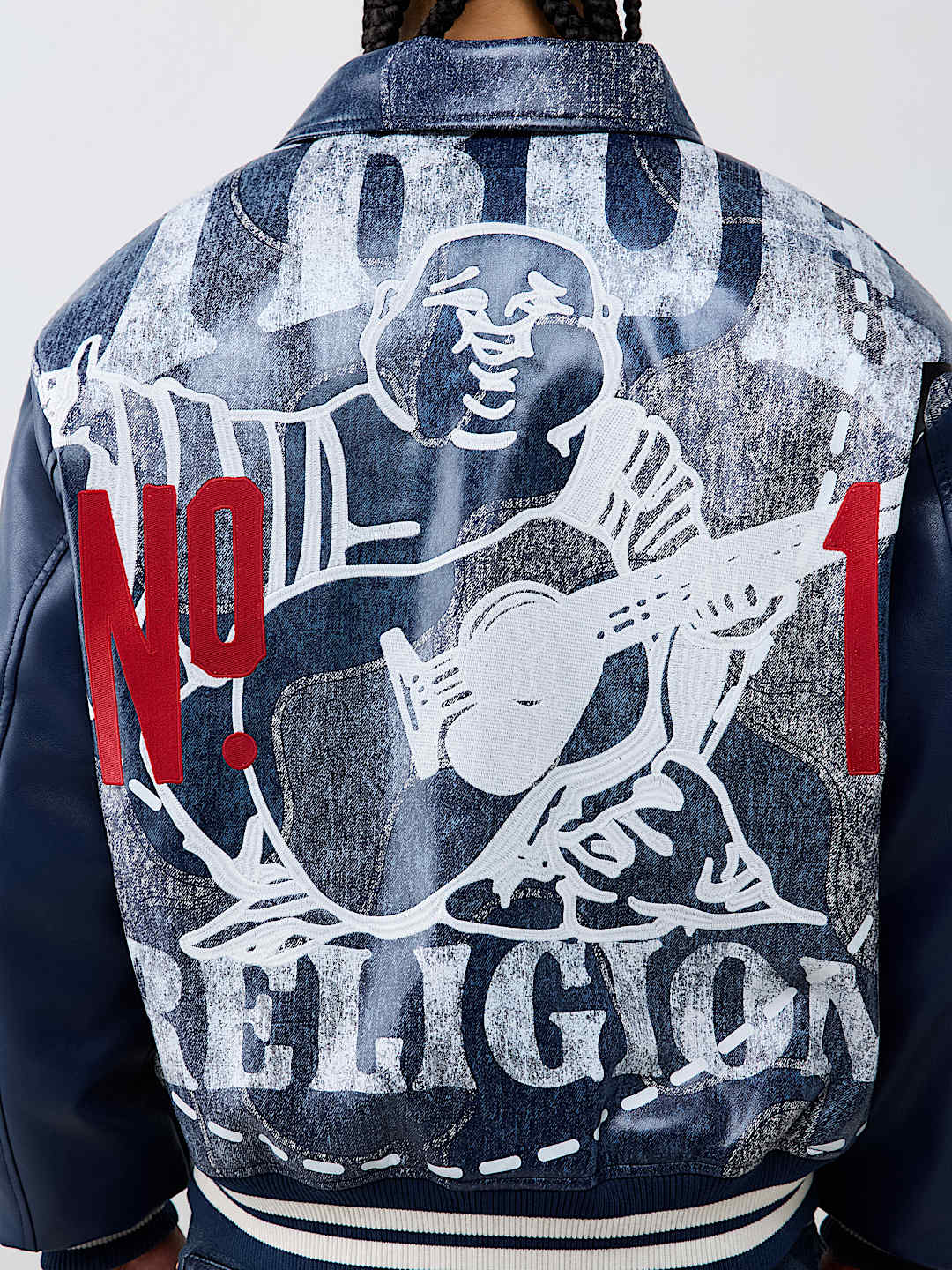 NO. 1 LOGO DENIM PRINT BOMBER JACKET