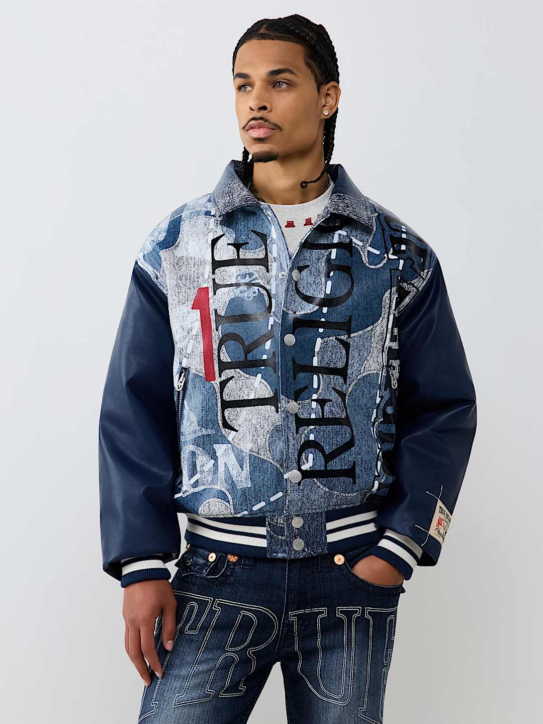 NO. 1 LOGO DENIM PRINT BOMBER JACKET