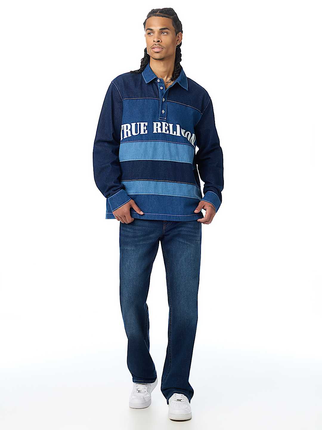 LONG SLEEVE DENIM STRIPED RUGBY POLO SHIRT