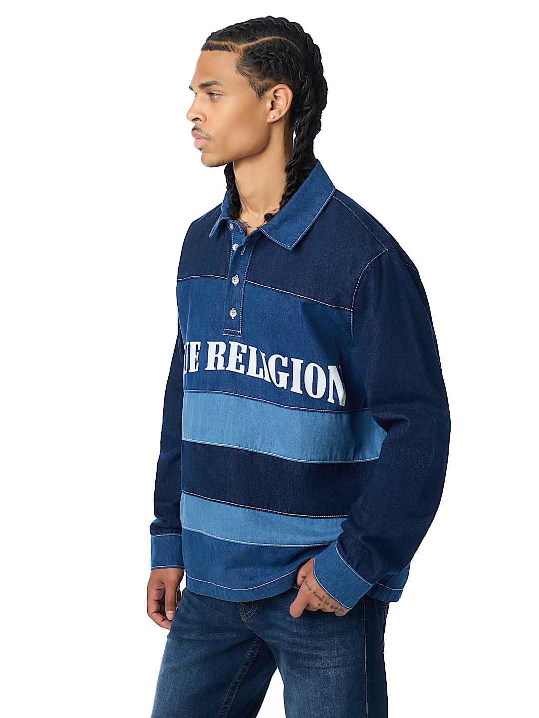 LONG SLEEVE DENIM STRIPED RUGBY POLO SHIRT