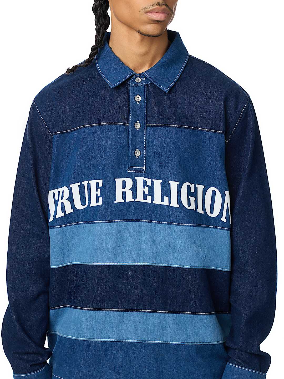LONG SLEEVE DENIM STRIPED RUGBY POLO SHIRT