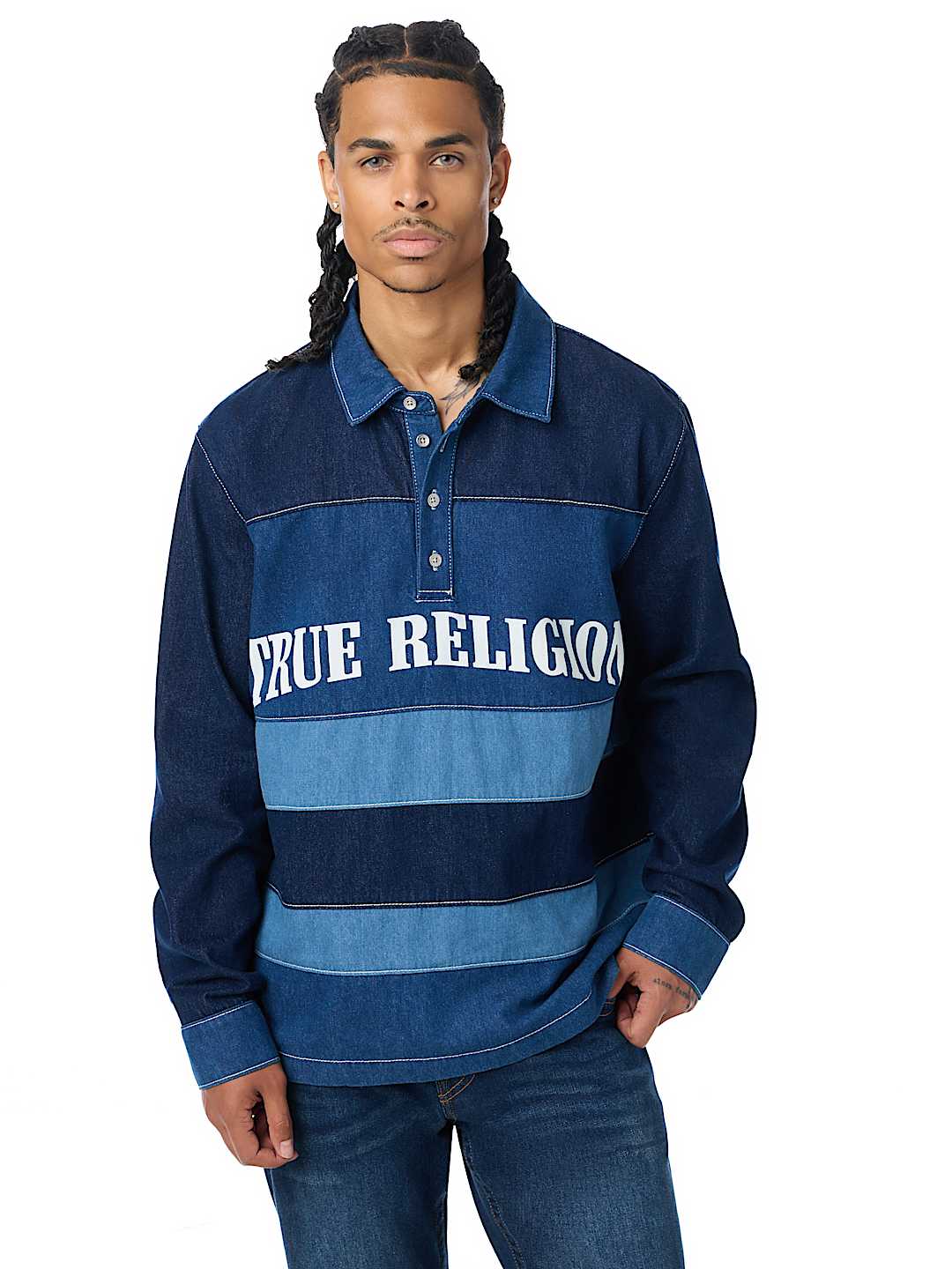 LONG SLEEVE DENIM STRIPED RUGBY POLO SHIRT
