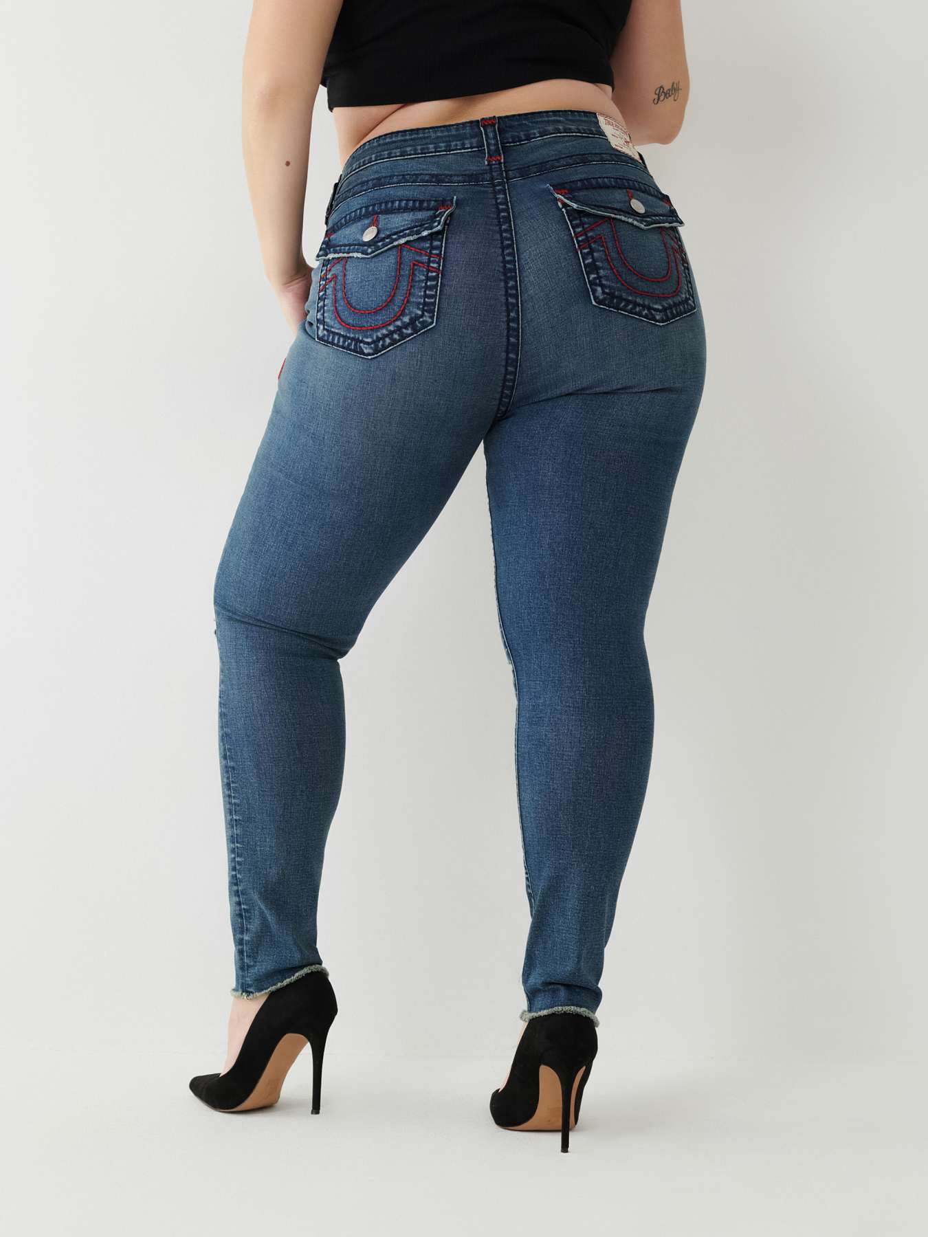 True Religion Rainbow Jennie Mid Rise Horseshoe Back Pocket Super Skinny  Jeans