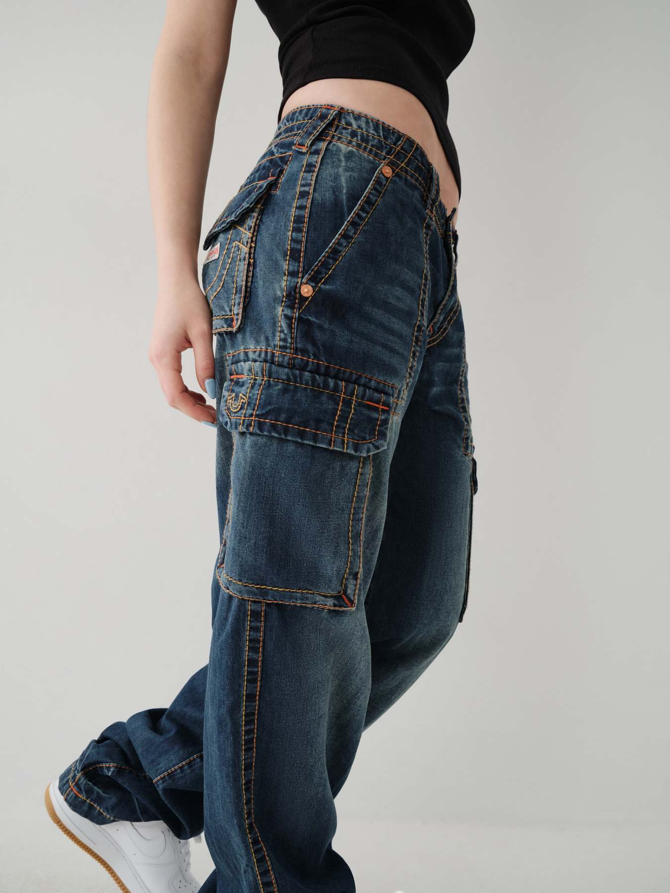 Womens Oversized Denim Cargo Pants With Multi Pockets Relaxed