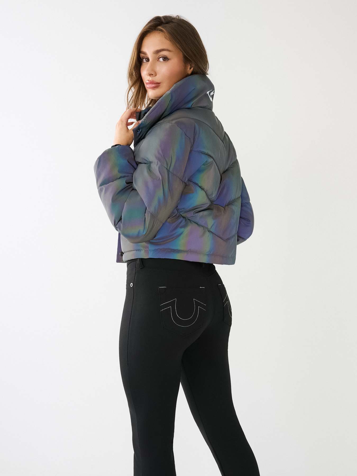 Cropped reflective cheap puffer jacket