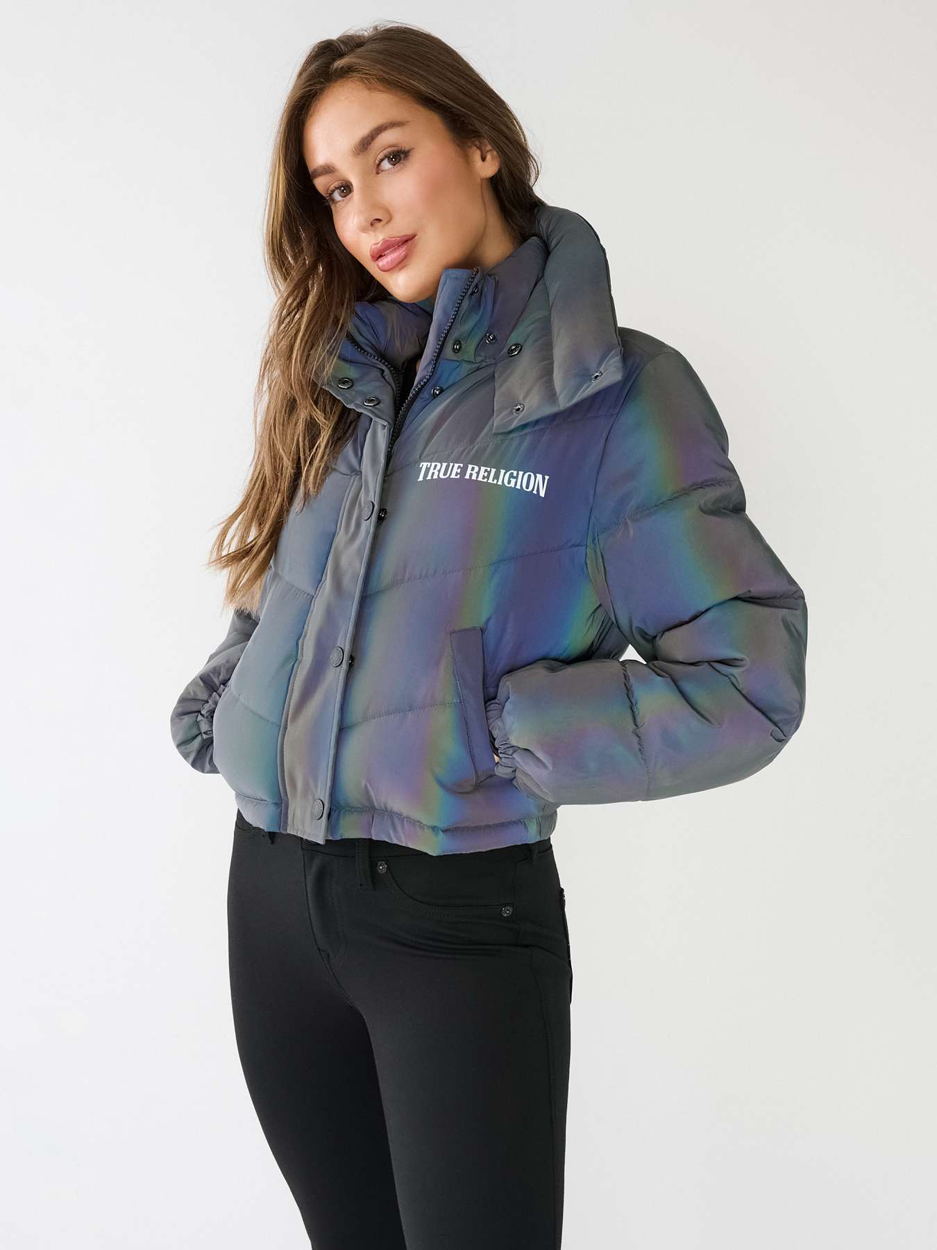 Holographic longline puffer store coat