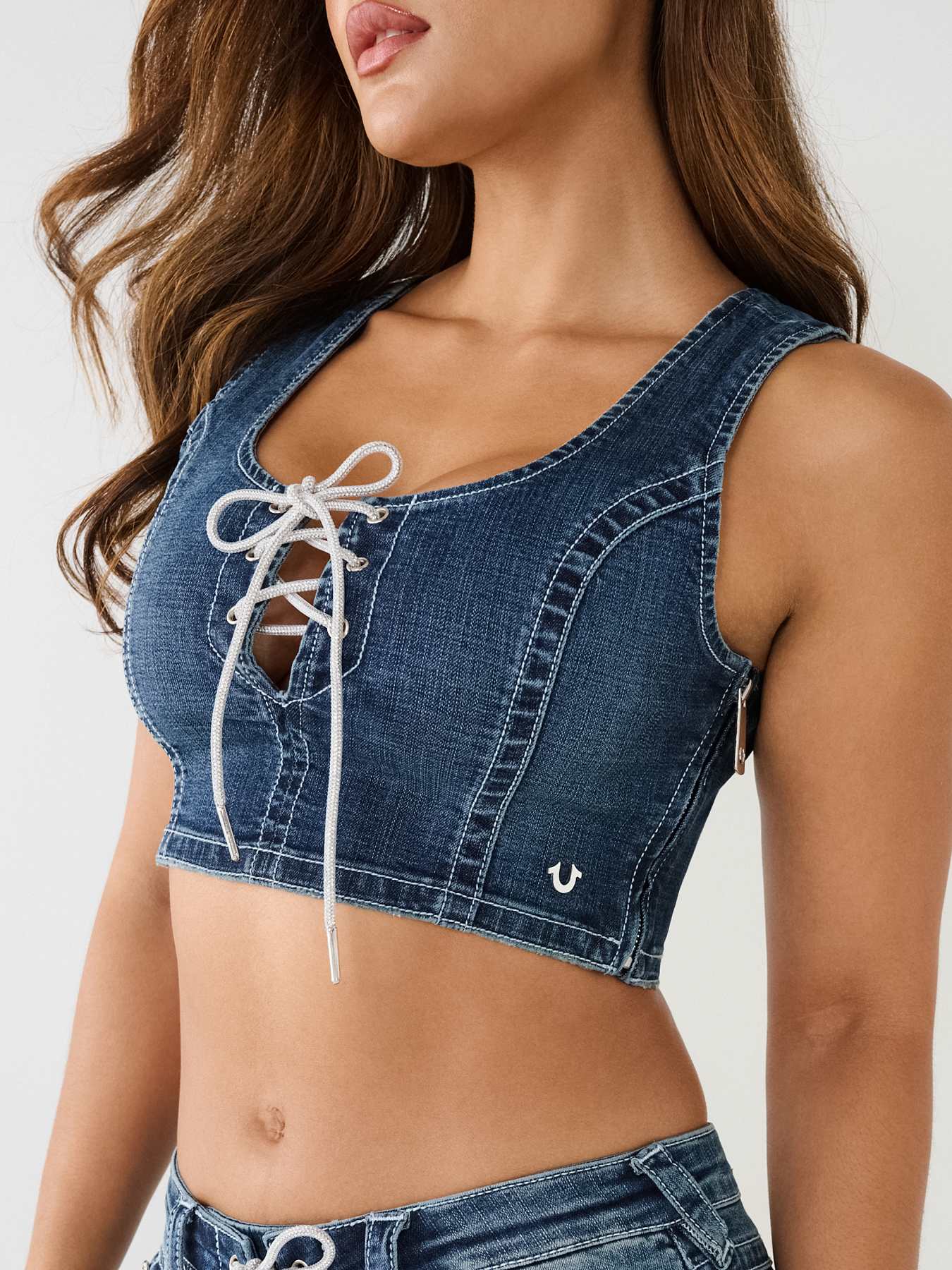 CRYSTAL LACE UP DENIM BRA TOP , image 3