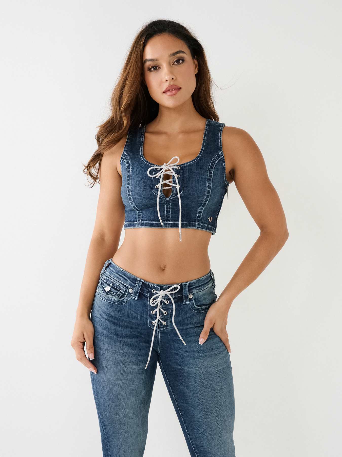 CRYSTAL LACE UP DENIM BRA TOP , image 4