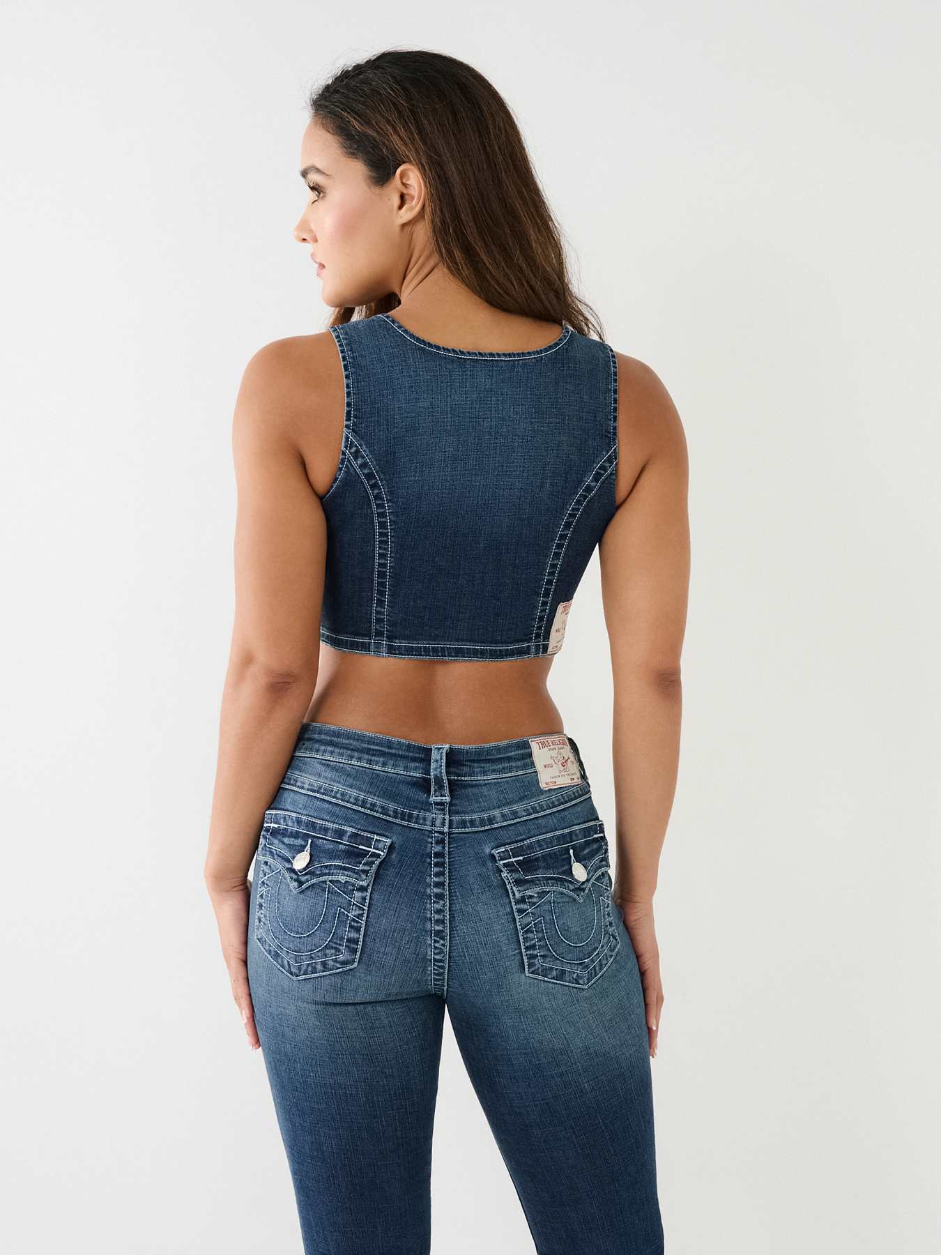 CRYSTAL LACE UP DENIM BRA TOP , image 7