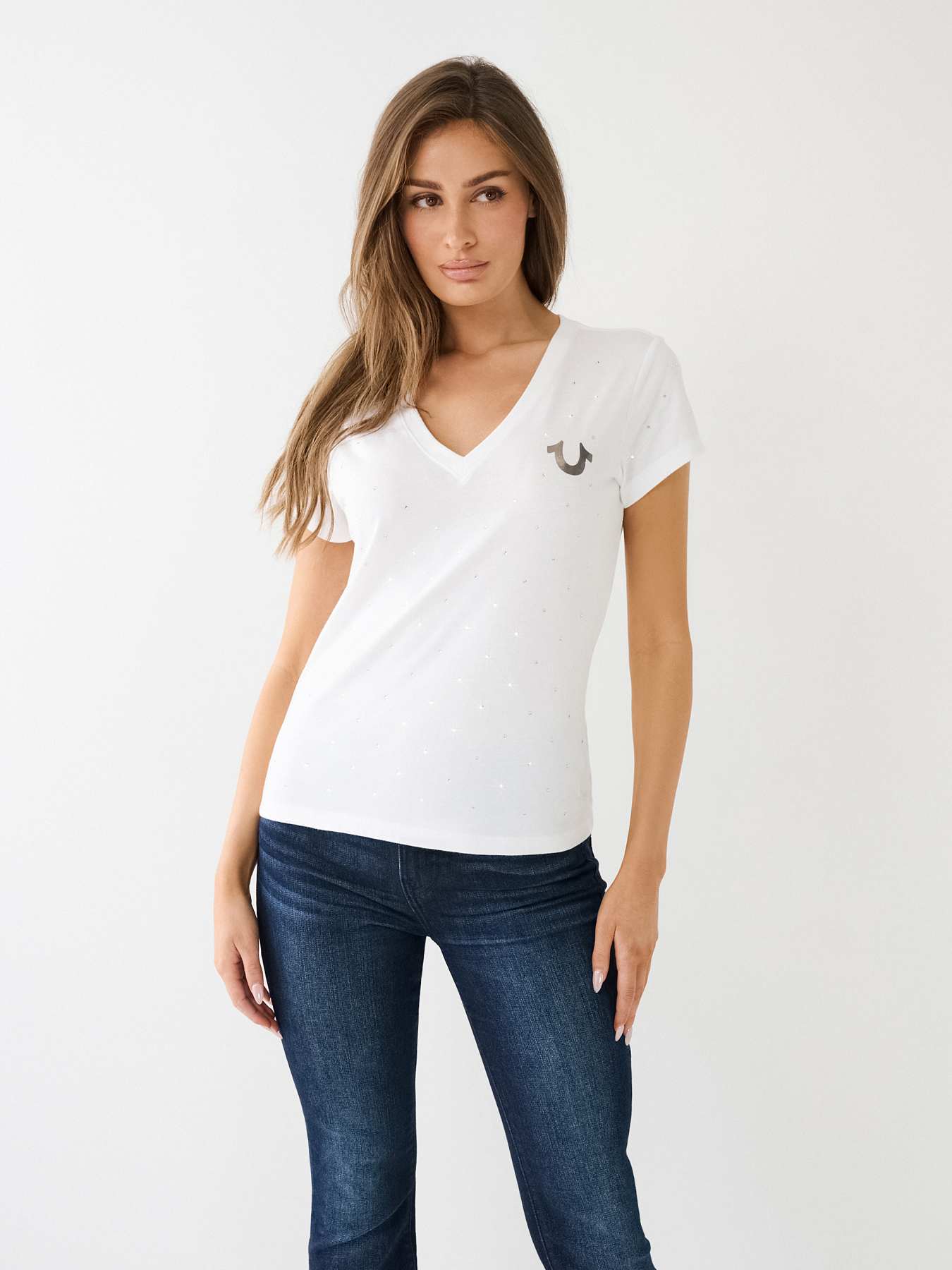 CRYSTAL HORSESHOE LOGO V NECK TEE