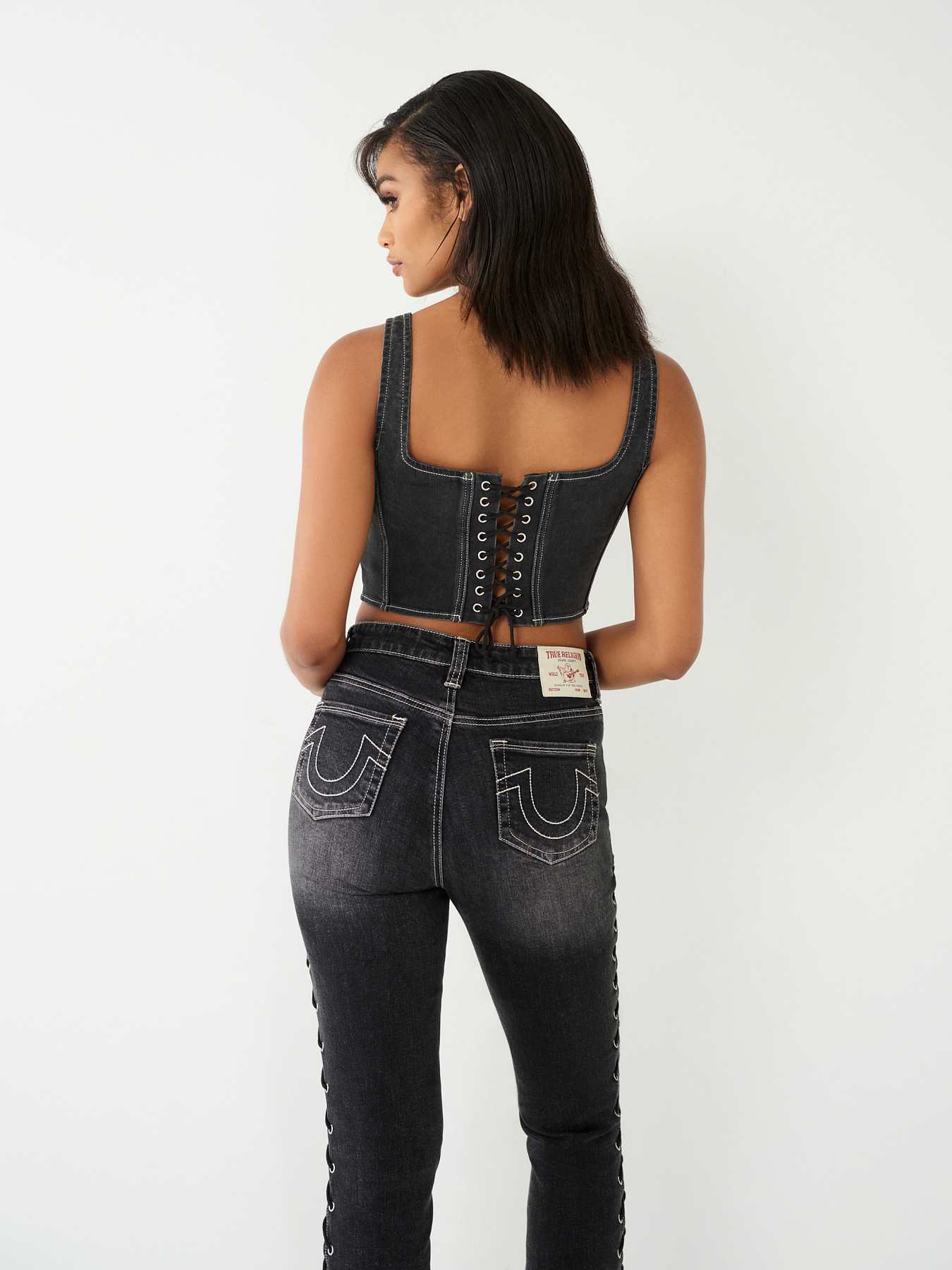 CRYSTAL LACE UP DENIM BRA TOP