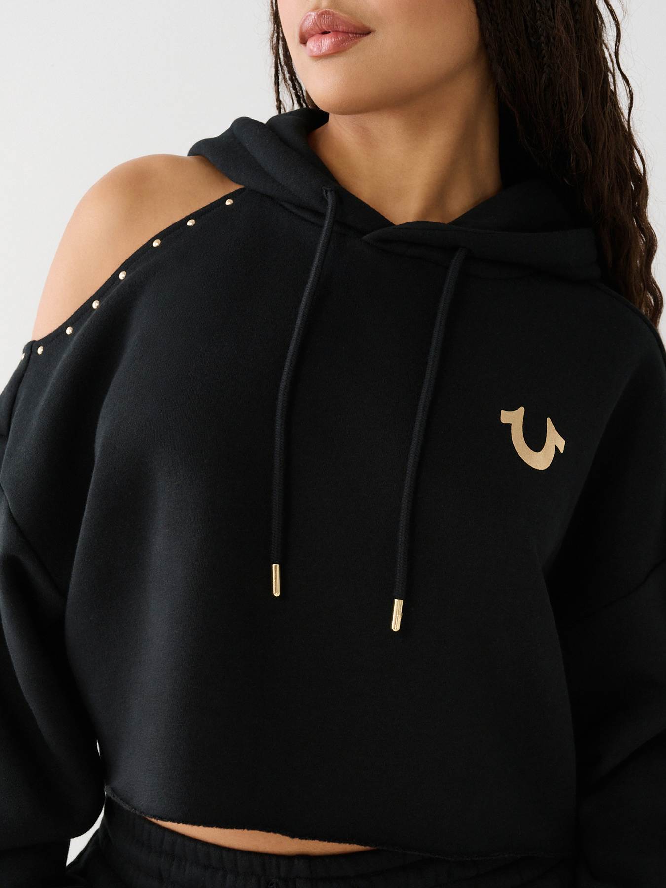 STUDDED OFF SHOULDER CROP HOODIE