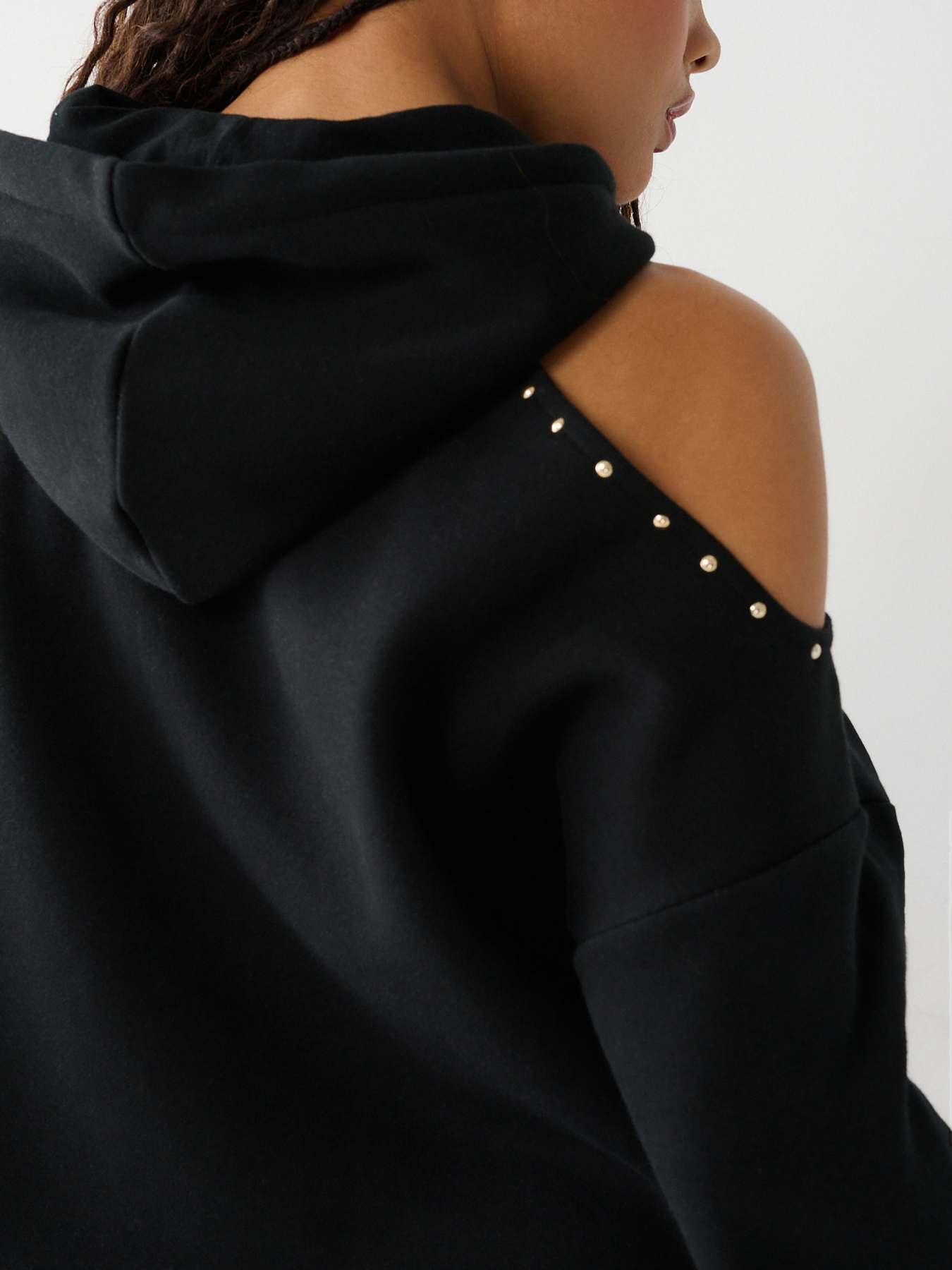 STUDDED OFF SHOULDER CROP HOODIE