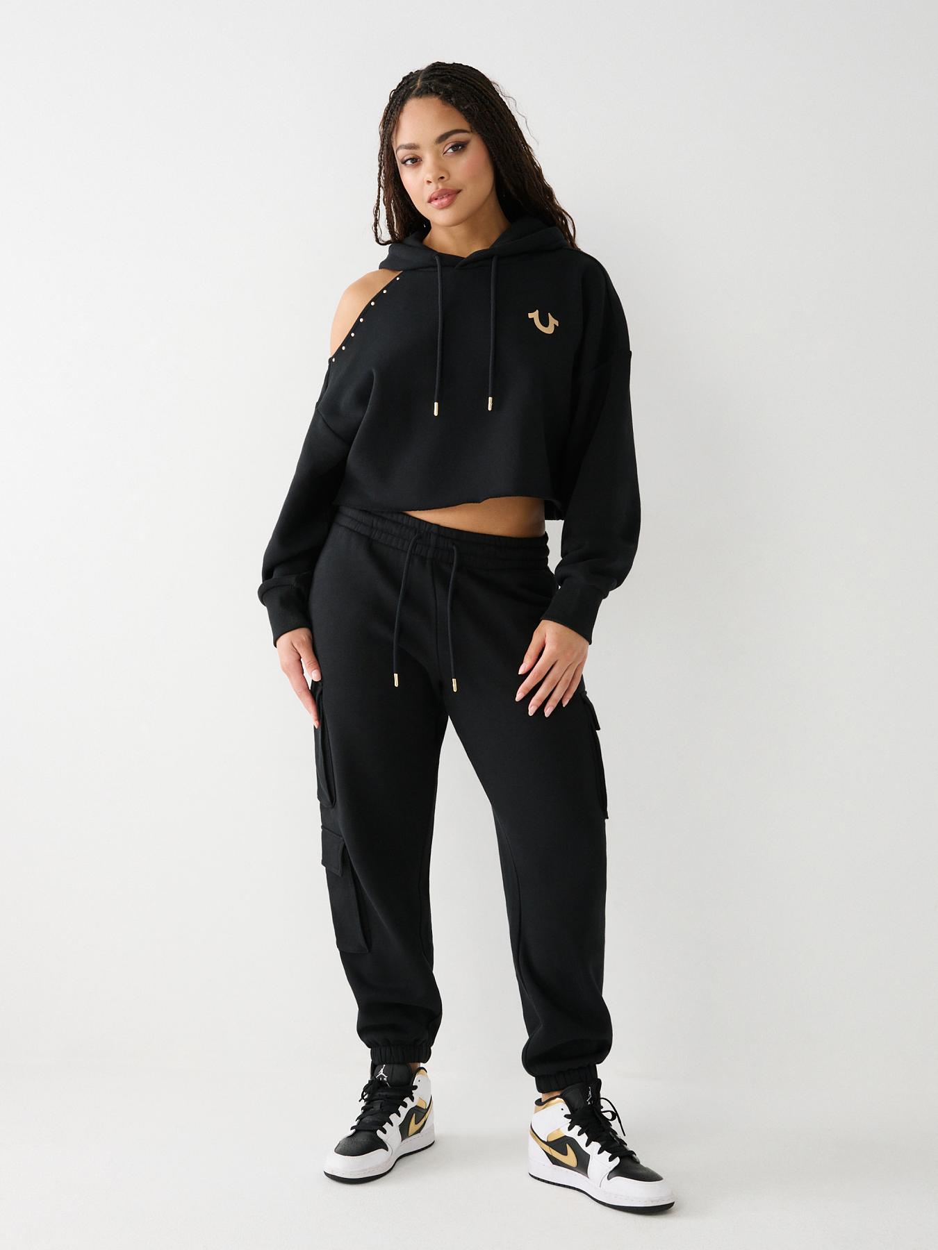 SHAKA WOMENS DROP SHOULDER CROPPED HOODIE IN BLACK