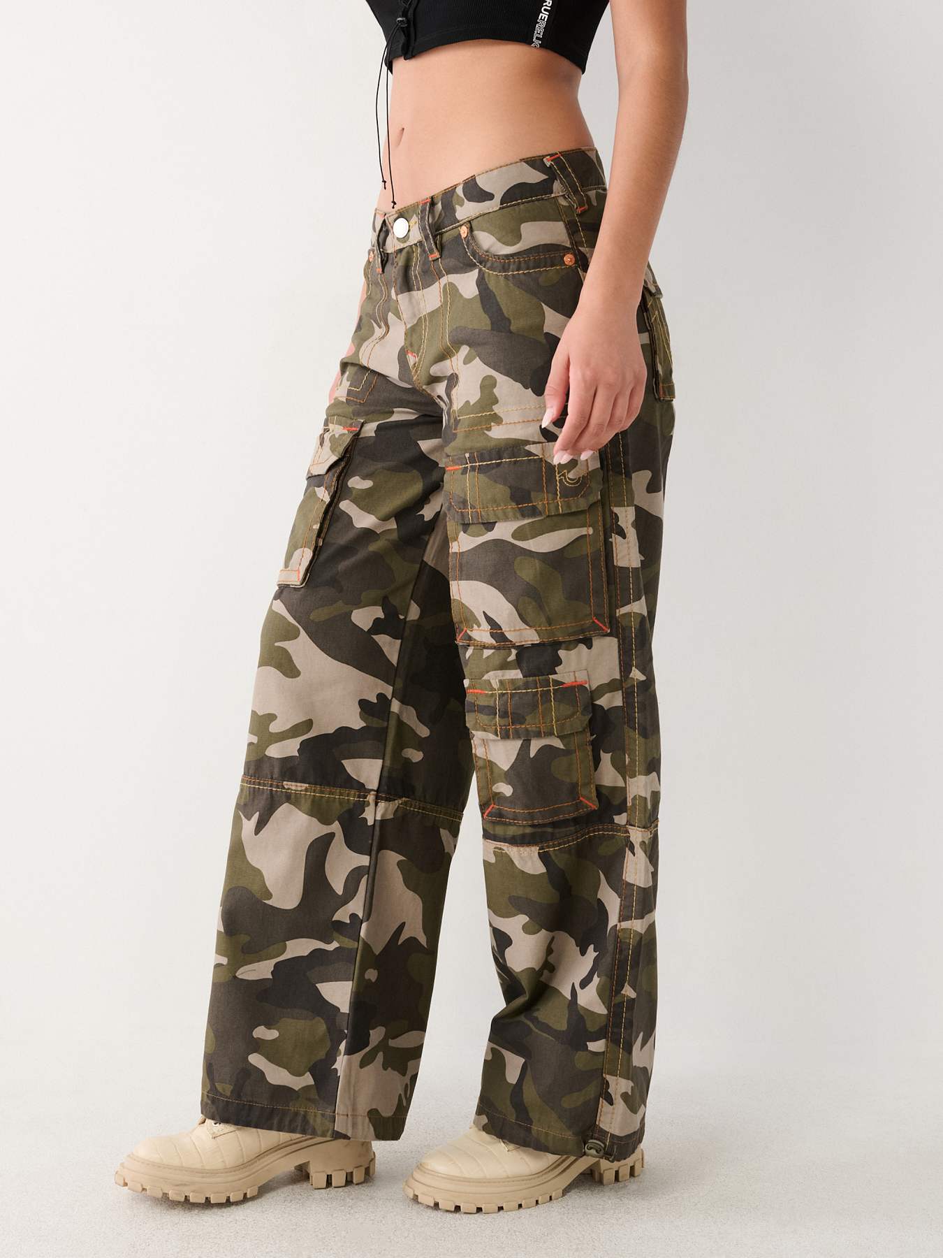 Brown Flared Cargo Pants Camo Bell Bottom Low Rise Trousers 